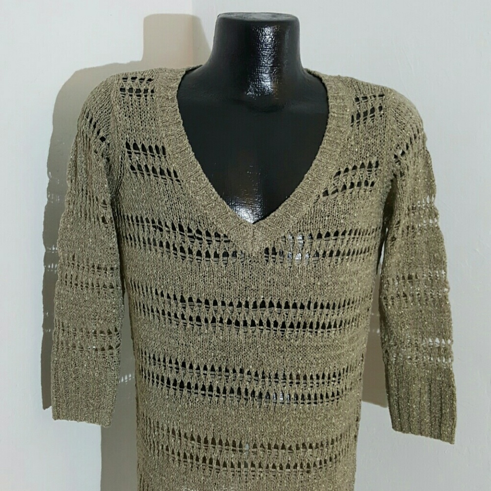 ELLE knitted sweater long sleeve v- neck tan gold women size S New